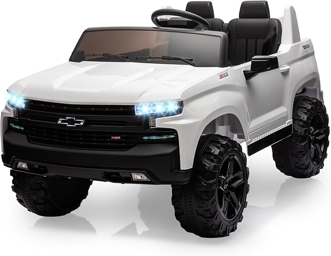 Hetoy 24V 2-Seater Truck Licensed Chevrolet Silverado Ride On Car Toy w/Parent Remote Control,4xSpring Suspension, 3 Speeds, Wireless Music, MP3 Player, Electric Vehicle Car for Kids, White