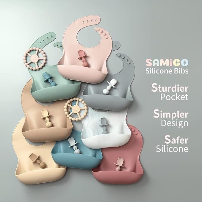 SAMiGO Silicone Baby Feeding Set, Baby Led Weaning Supplies, Suction Bowl Plate Bib Cup Self Feeding Spoons, Solid Food Eating Essentials, First Stage Utensils, 6+ Months