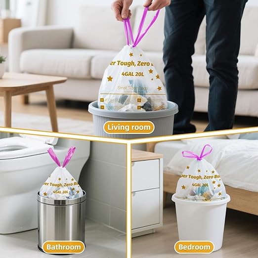 OKKEAI 4 Gallon Small Tear-Free Drawstring Trash Bags, White Bathroom Garbage Bags 60 Count – Heavy Duty Leak-Proof Wastebasket Liners with Safety Warning for Bathroom, Kitchen, Bedroom, Office