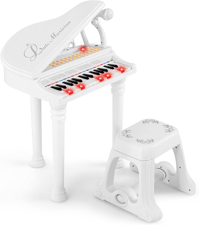 HONEY JOY Classical Kids Piano, 31-Key Toy Mini Grand Piano with Music Stand & Stool, Portable Electronic Educational Musical Instrument Toy w/ Microphone, Lights, Gift for Kids (White, 31 Keys)