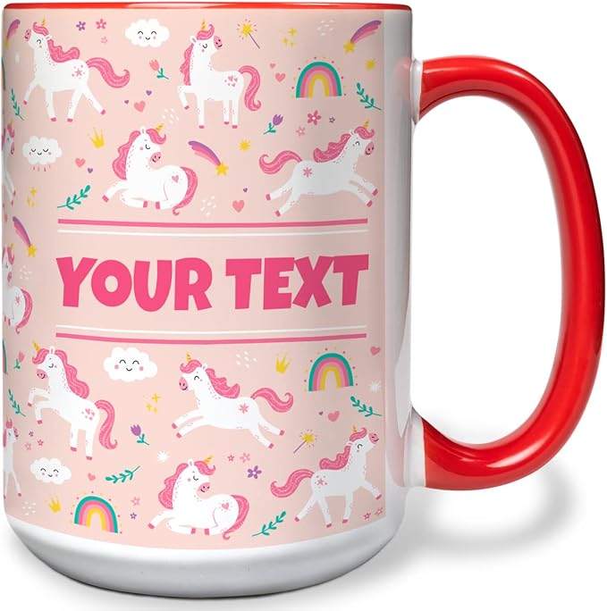 Personalized Mug for Kids - Pink Unicorn - Custom Name/Text, Ceramic Hot Chocolate/Cocoa/Coffee Cup for Girls, Birthday/Christmas/Holiday Gift - 15 oz, Red Handle