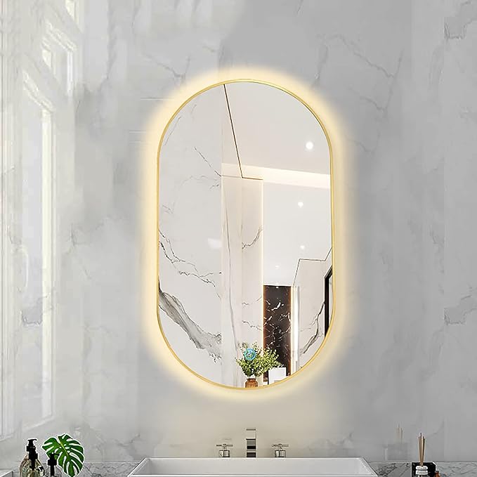 Oval LED Illuminated Bathroom Mirror, Wall-mounted Vanity Makeup Mirror with Demister Pad, 3 Dimmable Color Temperatures & Touch Control, Metal Frame Anti-Fog Lighted Wall Mirror ( Color : Golden Fram
