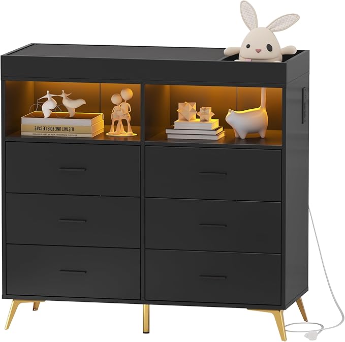 Changing Table Dresser with Drawers, Baby Dresser with Changing Table Top, Power Outlet, LED Light & Metal Feet, Diaper Changing Station Nursery Organizer for Infants Newborn, Black