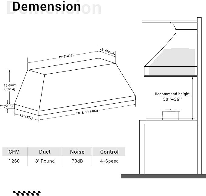 CHETTO C Stainless Steel Range Hood Cover with 4-Speed Vent Hood Insert Custom Handmade Metal Kitchen Fan with Towel Rack LED Light 60"W x24"D x18"H Black Wall Mount