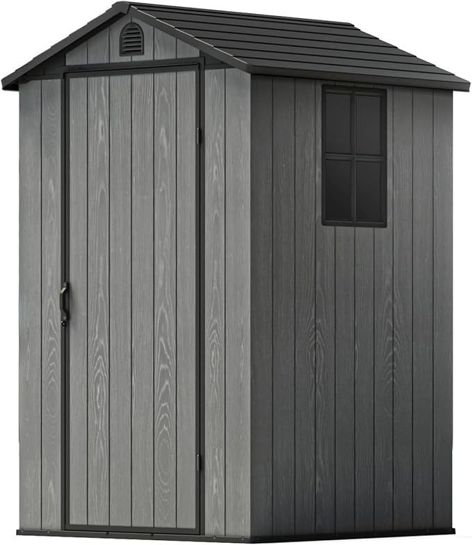 Patiowell 4 x 4 Plastic Outdoor Storage Shed with Floor, Resin Outside Tool Shed with Window and Lockable Door for Backyard Garden Patio Lawn, Deep Gray (Fit-it Shed)