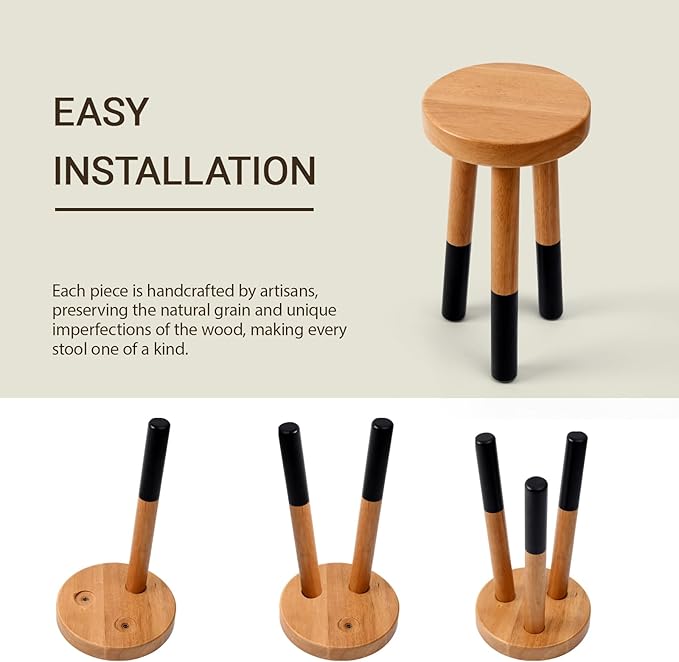 Rubber Wood 9" Round Plant Stand |Dip Dyed Black Accent Stool |Milking Stool |Small Side Table(16" H)