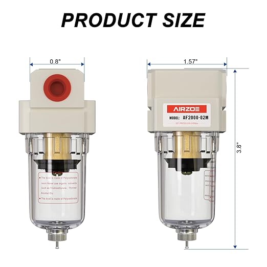 AIRZOE 1/4" NPT Air Dryer for Compressor - Air Compressor Water Separator AF2000-02, Manual Drain,5 Micron Brass Element, Poly Bowl