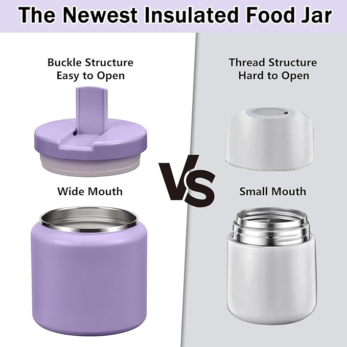26oz Kids Thermos for Hot Food, Insulated Vacuum Food Jar with Buckle Lid, Stainless Steel Wide Mouth Leak Proof Insulated Lunch Container for School Picnic Travel, Purple