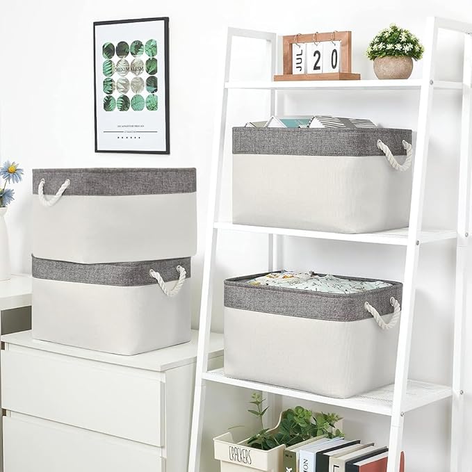 Organization and Storage Bins for Shelves - Large 4 Pack 16x12x8 inch Collapsible Storage Basket for Organizing, Fabric Storage Cubes for Box Closet Cloth Toy Nursery Books Kids (Grey & White)