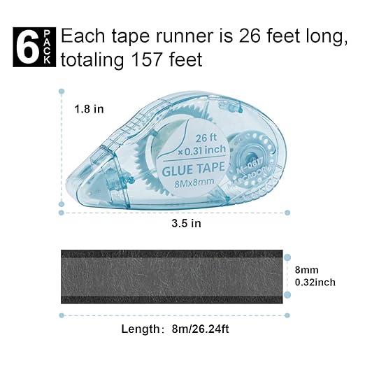 Double Sided Tape for Crafts, Pack of 6 Glue Tape Roller, 26 Ft x 0.31 in Scrapbook Tape, Tape Runner for Scrapbooking Supplies, Office, School, Craft Supplies and Journaling Supplies.