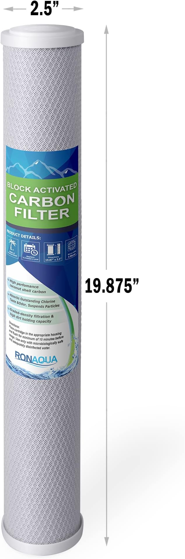 Standard Whole House Coconut Shell Carbon Block 5 Micron Water Filter 20” x 2.5” Fits 20” x 2.5” Housings. Remove Chlorine and Bad Odor. Compatible with C1-20, HX-CB-25-2010, F3WCB32