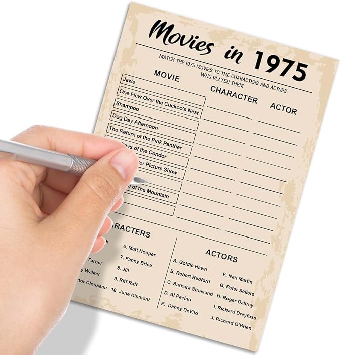 50th Birthday Party Games, Movie in 1975 Games, Birthday Party Supplies for Adults, Fun 1975s Party Game，Pack of 30 Cards
