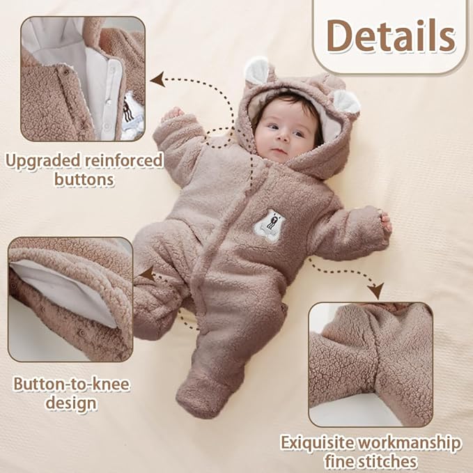 XIFAMNIY Newborn Fleece Footie Jumpsuit Hooded Warm Thicken Winter Outwear Snowsuit for Baby Girls and Boys