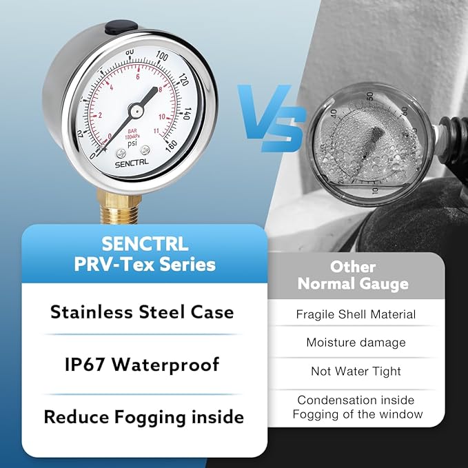 SENCTRL 0-160 Psi Pressure Gauge, 2" Dial, 1/4 NPT Lower Mount, Waterproof, Stainless Steel Case, for Pneumatic Regulator Air Compressor RV Regulator Water Tire Pressure Test