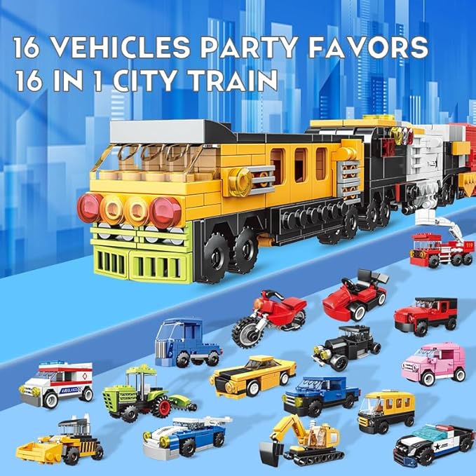 16 Pack Building Blocks Party Favors for Kids, 2 in 1 710pcs Creative Building Kits Mini City Vehicles include Police Car & Train, Christmas Toy Gifts Goodie Bag Fillers Stuffers for Boys Girls Kids