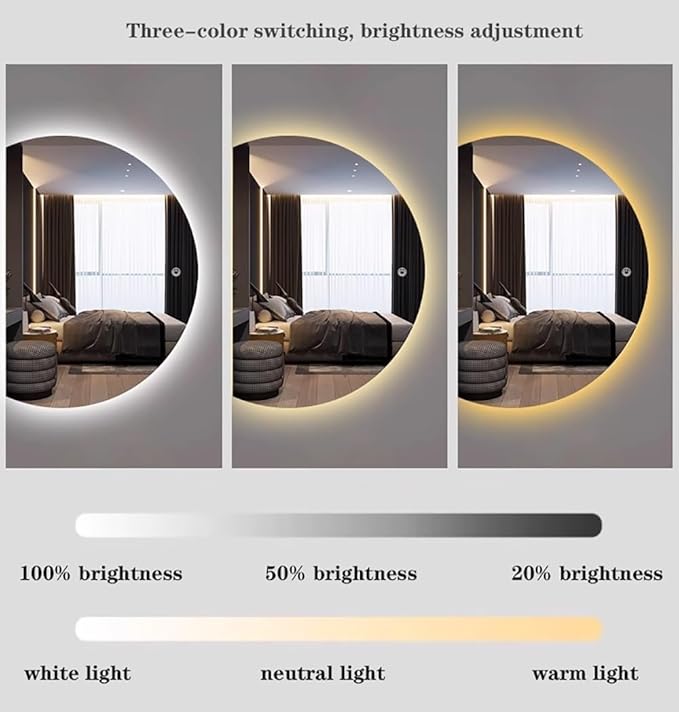 Semicircle Vanity Mirror with LED Lights, Dimmable LED Illuminated Bathroom Mirror with Touch Switch, Frameless 43"x28" Backlit Wall Mirror with Demister Pad, for Bathroom, Bedroom, Entryway