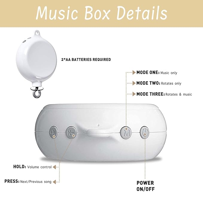 Crib Mobile Arm with Music Box,32.5 Inch White Crib Mobile Stand,Wooden Mobile Arm for Crib (2 Modes,360°Adjustable,100% Beech Wood) Baby Crib Mobile for Boy and Girl