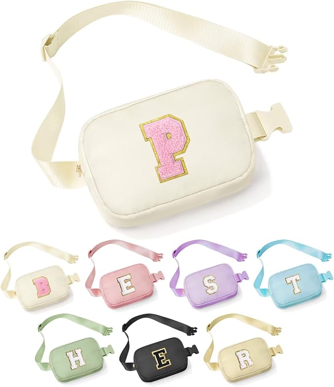 YOOLIFE Gifts for Girls - 5 6 7 8 9 10 11 12 13 14 15 16 Year Old Girls Birthday Gifts for Teen Girls, Preppy Stuff for Teen Girls Teenage Girl Gifts, Initial Crossbody Bag Belt Bag, White P