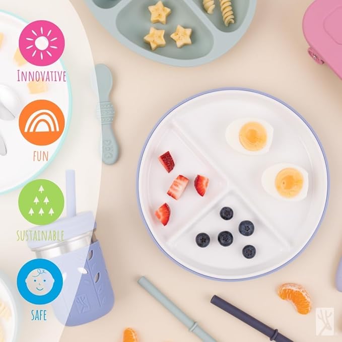 Elk and Friends Kids 7.8” Porcelain Divided Plates with Silicone Sleeves + Lids | Suitable for Babies/Kids/Toddlers | Microwave & Dishwasher Safe | Non Slip | Snack Dishes