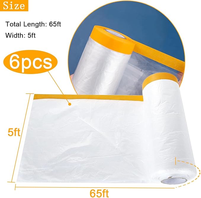 6 Pack Protective Masking Film with Tape 5 x 65 Ft Car Painters Plastic Sheeting Roll Tape and Drape Masking Film for Automotive Painting Covering Frames, Furniture, Auto Body