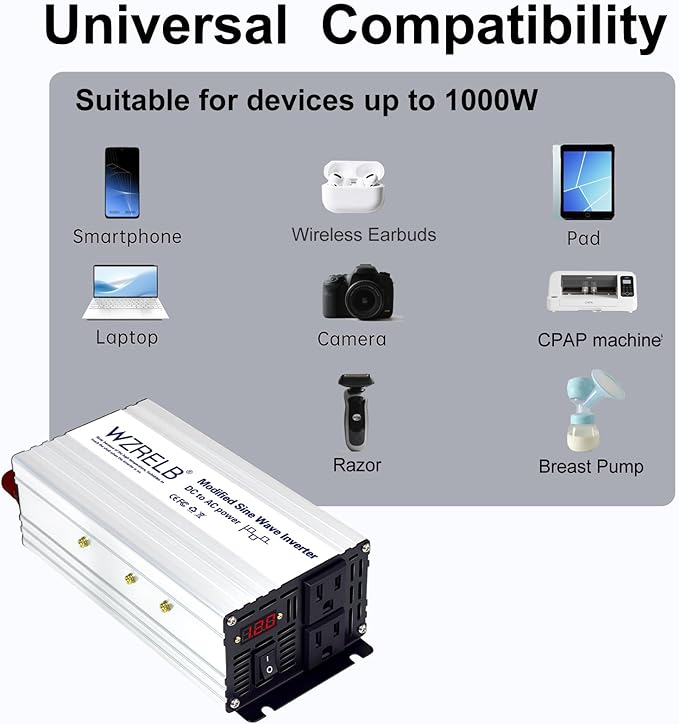 WZRELB 1000W Power Inverter 12V DC to 110V 120V AC,2000W Peak Modified Sine Wave Car Inverter with LED Display,Dual AC Outlets,Soft Starter,Off-Grid Power Converter with High Efficiency up to 90%