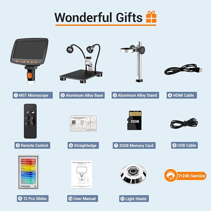 Digital Microscope with 7" LCD Screen,1500X Magnification Soldering Microscope with HDMI,Coin Microscope with 12MP Image Sensor,Windows/Mac/TV Compatible（32GB Card）