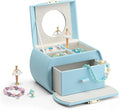 Vlando Musical Jewelry Box with Spinning Ballerina, Lockable Girls’ Jewelry Organizer for Necklaces Rings and Hair Accessories, Gift for Girls and Kids, Blue