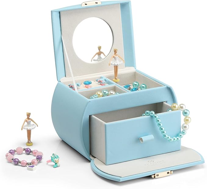 Vlando Musical Jewelry Box with Spinning Ballerina, Lockable Girls’ Jewelry Organizer for Necklaces Rings and Hair Accessories, Gift for Girls and Kids, Blue