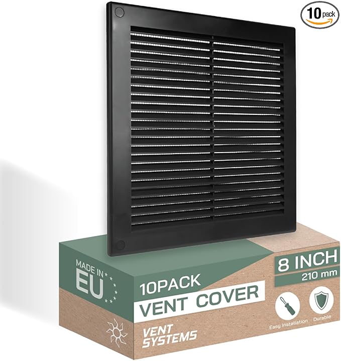 Vent Systems 8" x 8" Inch (Opening Dimensions) - Pack of 10 - Plastic Black Soffit Vent Cover - Flat Square Air Vent Grille - Air Vent Deflector - HVAC 10" x 10" Inch (Overall Dimensions)