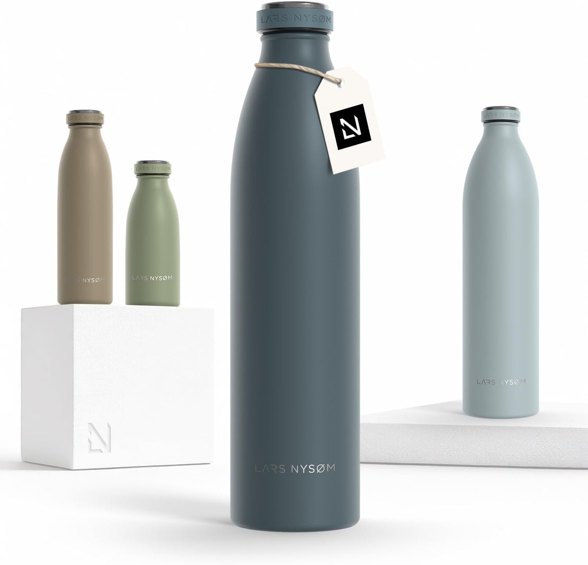 LARS NYSØM Stainless Steel Insulated Water Bottle 12oz 17oz 25oz 34oz 51oz | Insulated Thermo Flask for Hot and Cold Beverages | Leakproof Drinking Bottle (Stone Blue, 33.9oz)