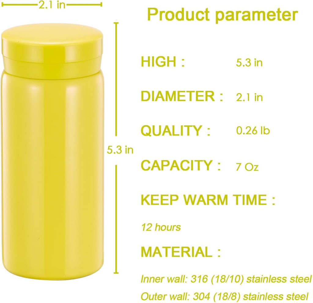 Mini Thermos Cute Water Bottle - 7 oz Tiny Insulated Vacuum 18/10 Stainless Steel Small Flask - Leak Proof & Spill Proof & Keeps Cold and Hot for Drink, Coffee, Tea - Yellow