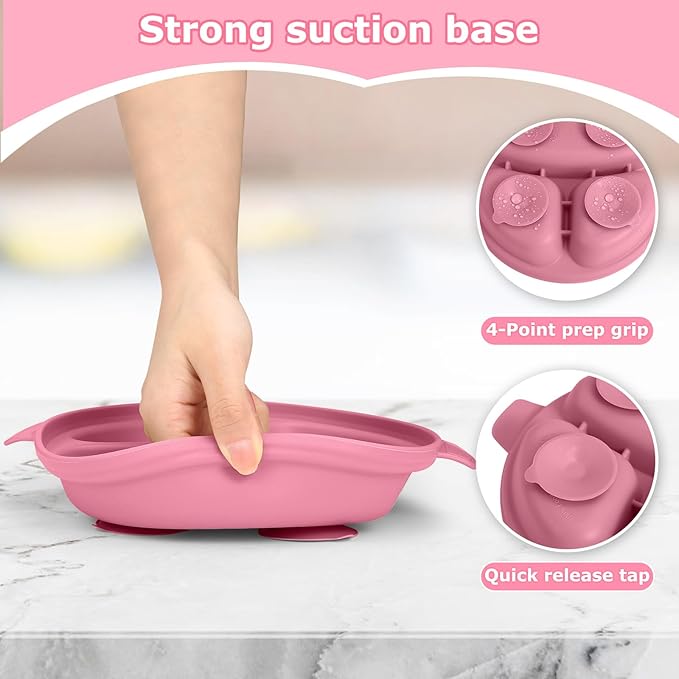 Stainless Steel Baby Plate and Bowl with Suction, Baby Bowl and Divided Kids Toddler Plate with Removable Silicone Shell, Non-Slip Toddler Baby Feeding Set, Forks + Spoons Included-Rose red