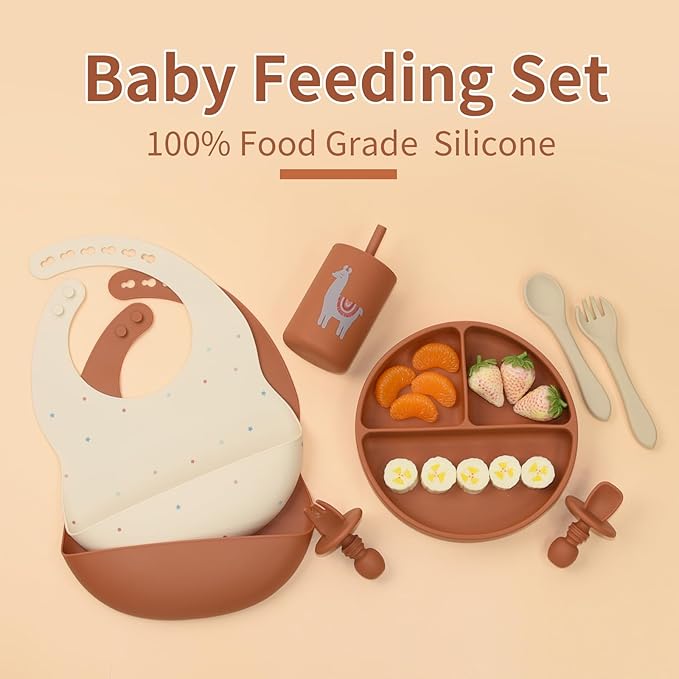 Silicone Baby Feeding Set, Baby Led Weaning Supplies, Baby Spoons Suction Divided Plate Bib Cup, First Stage Solid Food Eating Utensils - 6+ Months(Orange-Beige)