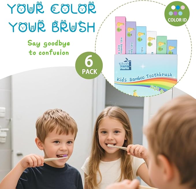 Kids Bamboo Toothbrushes, BPA-Free Soft Bristles, Eco-Friendly Natural Wooden Toddler Toothbrush, 6-Pack Travel Toothbrushes Set for Children