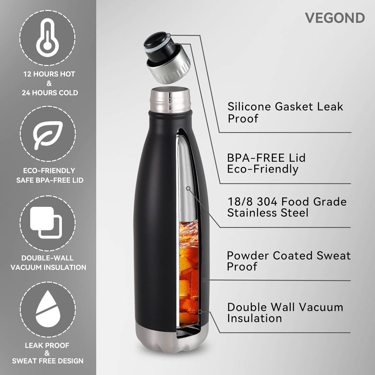 VEGOND 17oz Stainless Steel Water Bottles Bulk, Reusable Metal Sports Water Bottle Keeps Drink Hot and Cold, BPA Free Double Wall Vacuum Cola Shape Insulated Water Bottles for Camping Gym, 4 Pack