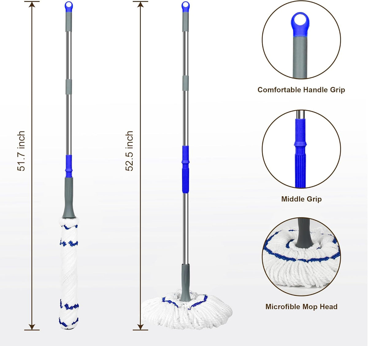 Self Wringing Floor Cleaner with 52.5 Inch Long Handle, Heavy Duty Wet Mop for Hardwood, Tile, Vinyl, Laminate Floors (White)