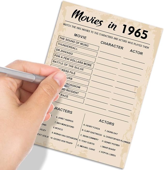 60th Birthday Party Games, Movies in 1965 Games, Birthday Party Supplies for Adults, Fun 1965s Party Game，Pack of 30 Cards