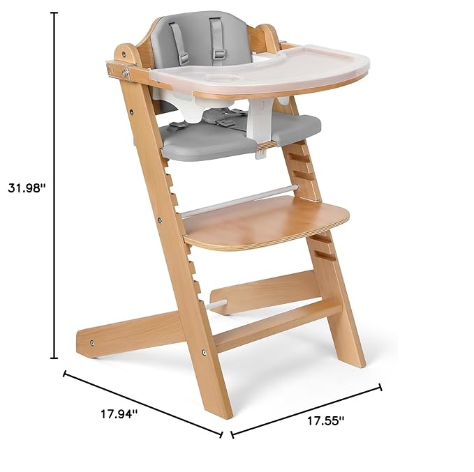 Cowiewie 3-in-1 Convertible Natural Wooden High Chair for Babies & Toddlers 3-Tier Remove & 2 Adjustable Wood Tray & 8 Levels Adjustable, 2 Waterproof Cozy Cushions Grey