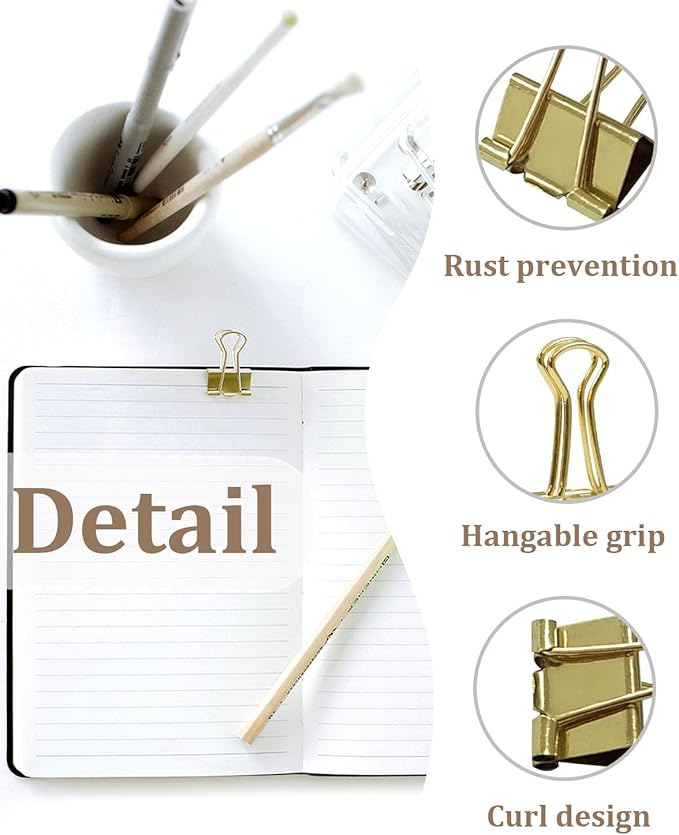 Assorted Binder Clips 0.75/1/1.25in 25-Pack -Gold Tone Clips for Office & Home