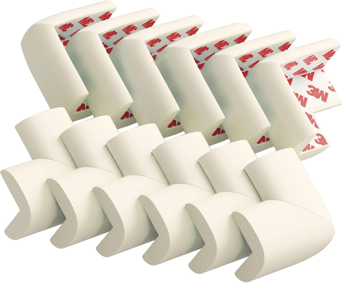 12 Pack Corner Protector Baby Proofing Edge and Corner Guards, Soft Safety Pre-Taped Rubber Foam Furniture Bumpers for Fireplace, Table, Stair, Cabinet (Off White)