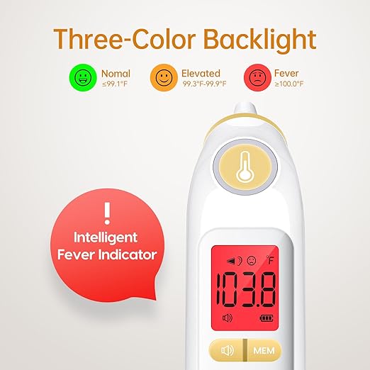 Ear Thermometer, Highly Accurate Ear Thermometer for Kids, Adults and Babies, 30 Memory Recall, 1s Result and 3-Color Fever Alert, with 24 Disposable Probe Covers, Yellow