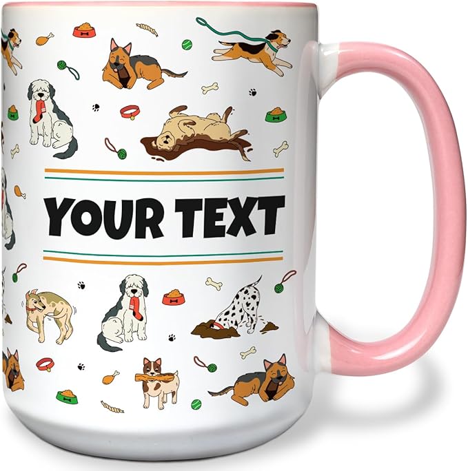 Personalized Mug for Kids - Dogs - Custom Name/Text, Ceramic Hot Chocolate/Cocoa/Coffee Cup for Boys/Girls, Birthday/Christmas/Holiday Gift - 15 oz, Pink Handle