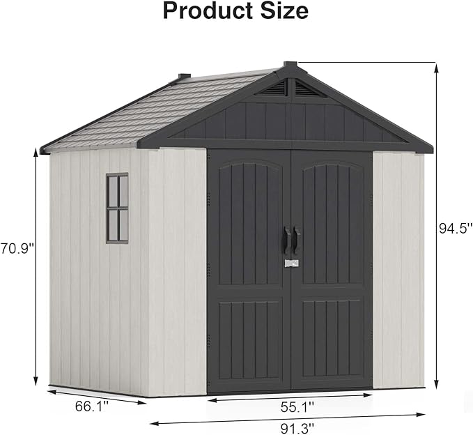 Patiowell 8x6 FT Outdoor Storage Shed, Plastic Shed Resin Garden Shed with Floor & Window & Lockable Door for Patio Furniture, Backyard Tools, Bicycles & Lawnmower, Beige