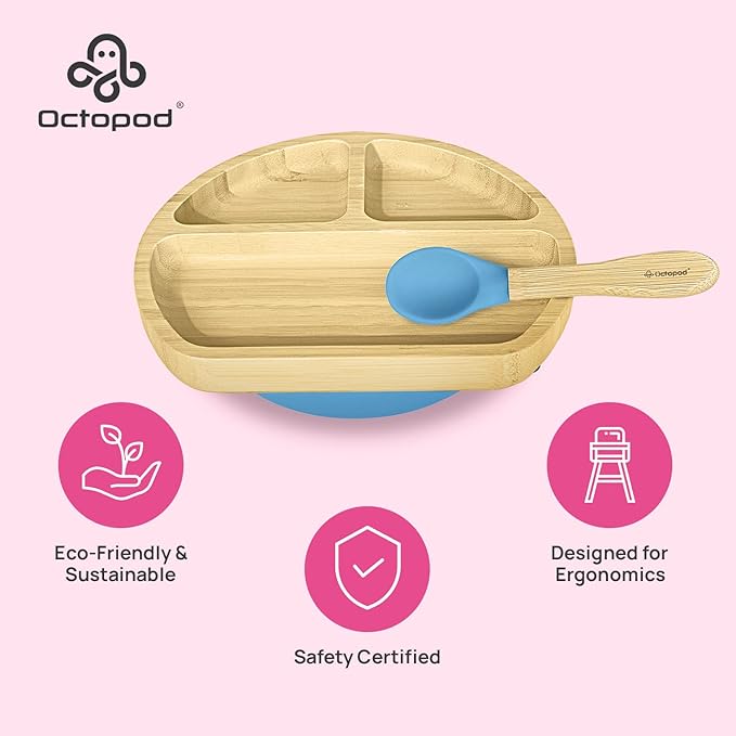 Abiie Octopod Bamboo Dish - Kids Plates for 4 months and up, 3-Compartment Baby Plates with Suction, Triangle Bamboo Baby Plate, Mess-Free Toddler Suction Plates, Baby Feeding Supplies, 8.3x1.9x7.7 in