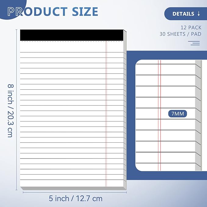 5" x 8" Note Pads 12 Pack of Legal Pads 30 Sheets Notepad College Ruled Small Writing Pads Perforated Pages Paper Pads 80GSM Heavyweight Paper Note Pads for Home, Office, or School