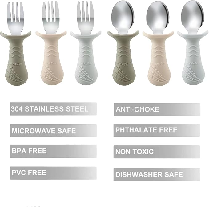 PandaEar Baby Toddler Fork and Spoon Utensil Set, 6 Pack Silicone Stainless Steel Silverware Spoon Fork for Babies Toddler, BPA Free with Silicone Holding Anti-Choke Design (Light Tan&Walnut&Grey)