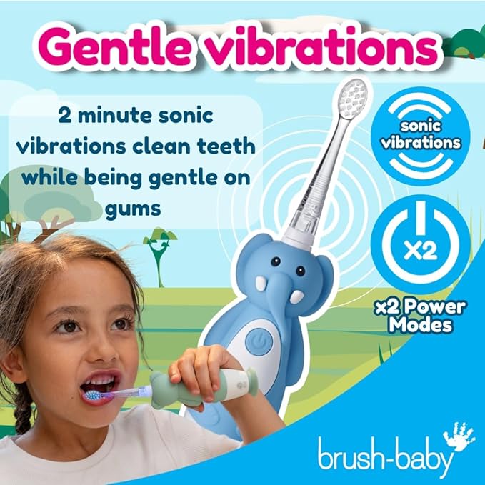 brush-baby WildOnes Kids Electric Rechargeable Toothbrush Elephant, 1 Handle, 3 Brush Heads, USB Charging Cable, for Ages 0-10 (Elephant)