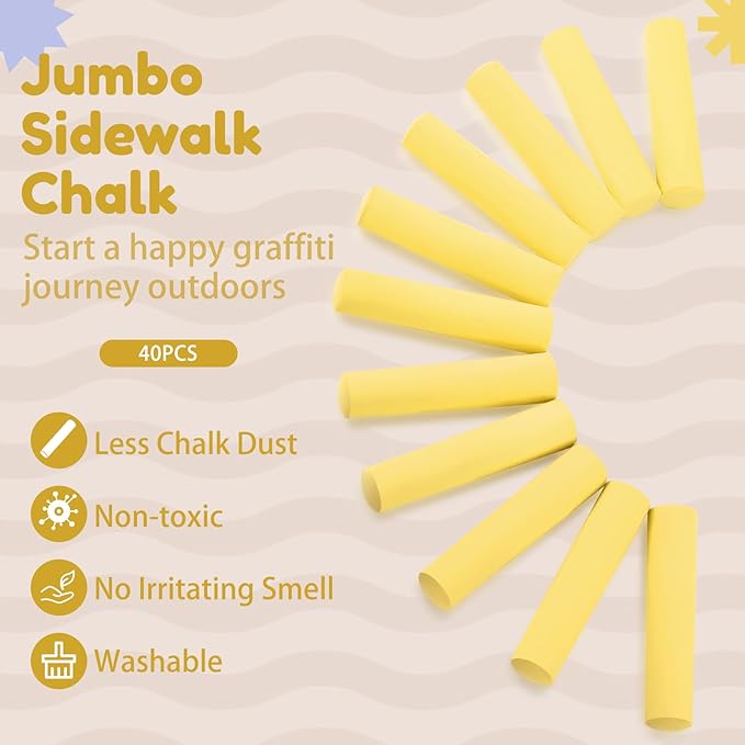 Fulmoon 40 Pcs Jumbo Sidewalk Chalk for Kids Outdoor Art Non Toxic Large Washable Street Chalk for Adults Drawing Painting Classroom(Yellow,Round Style)