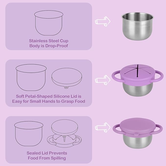 2 Pack Snack Cups for Toddlers Spill Proof - Detachable Stainless Steel Toddler Snack Cups with Silicone Lids & Handles - Dishwasher Safe Baby Snack Containers for Mess-Free Snacking (Red and Purple)