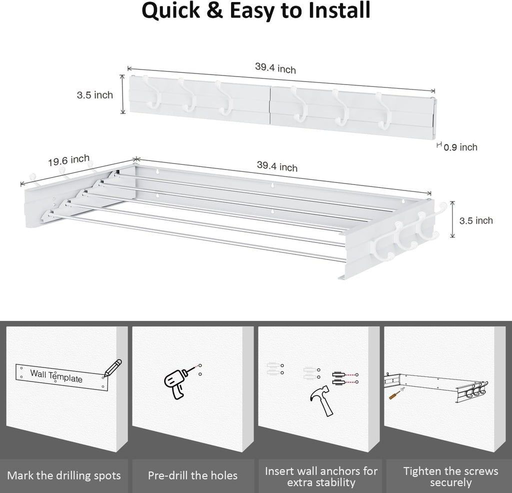 Laundry Drying Rack, Collapsible Wall Mounted Clothes Drying Rack - Foldable,Space Saving, 13.2 Linear Ft, 5 Aluminum Rods, 60 lb Capacity (White, 40" Wide)